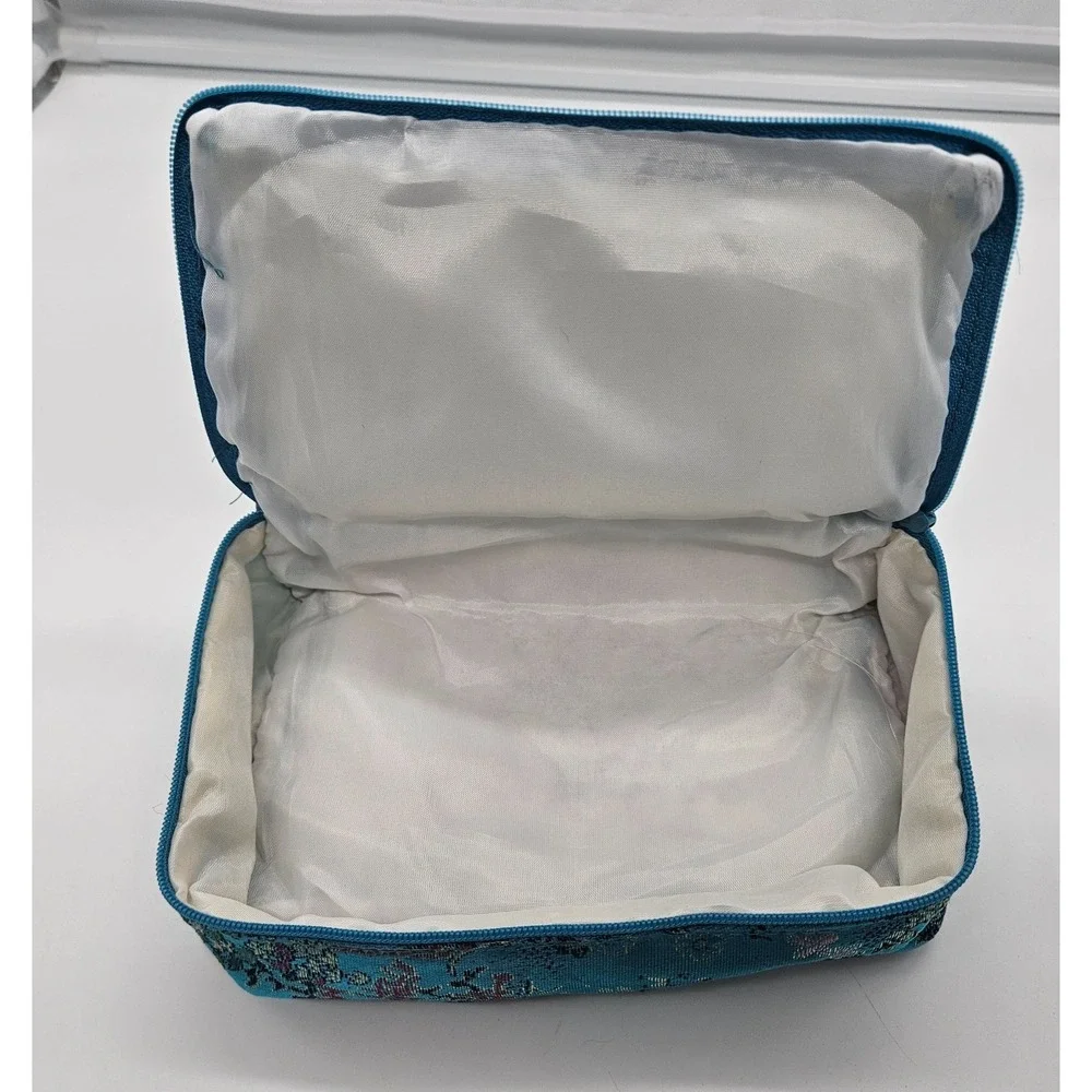 Vintage Blue Brocade 3pc Cosmetic Bag Set Oriental Landscape Travel Pouches